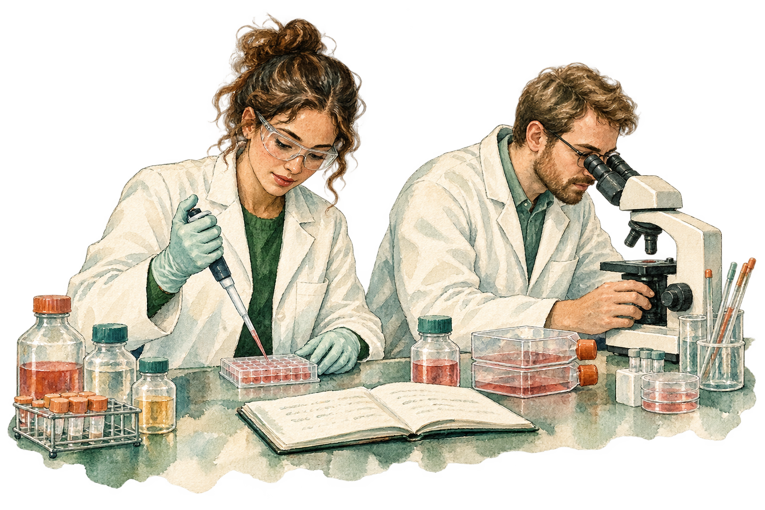 An original watercolour illustration of two researchers using a pipette and microscope at a laboratory bench.