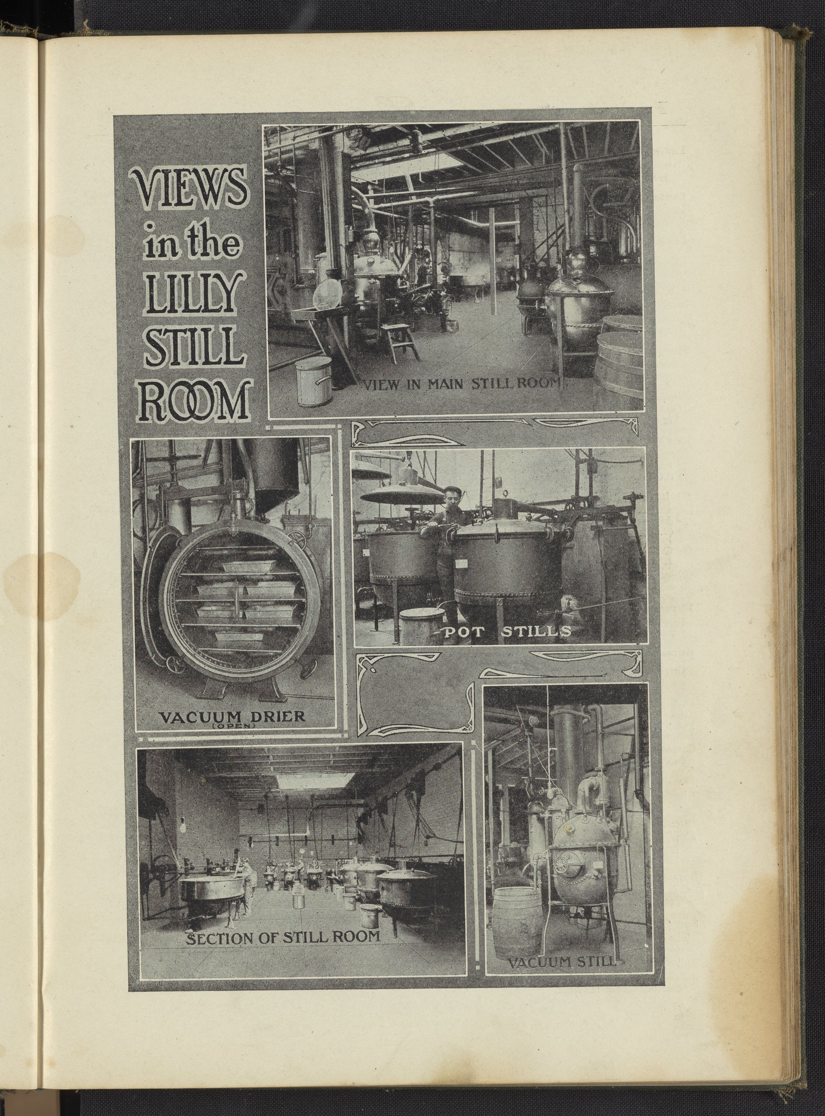 An archival plate of Eli Lilly’s still room, layered over nineteenth-century laboratory notes.