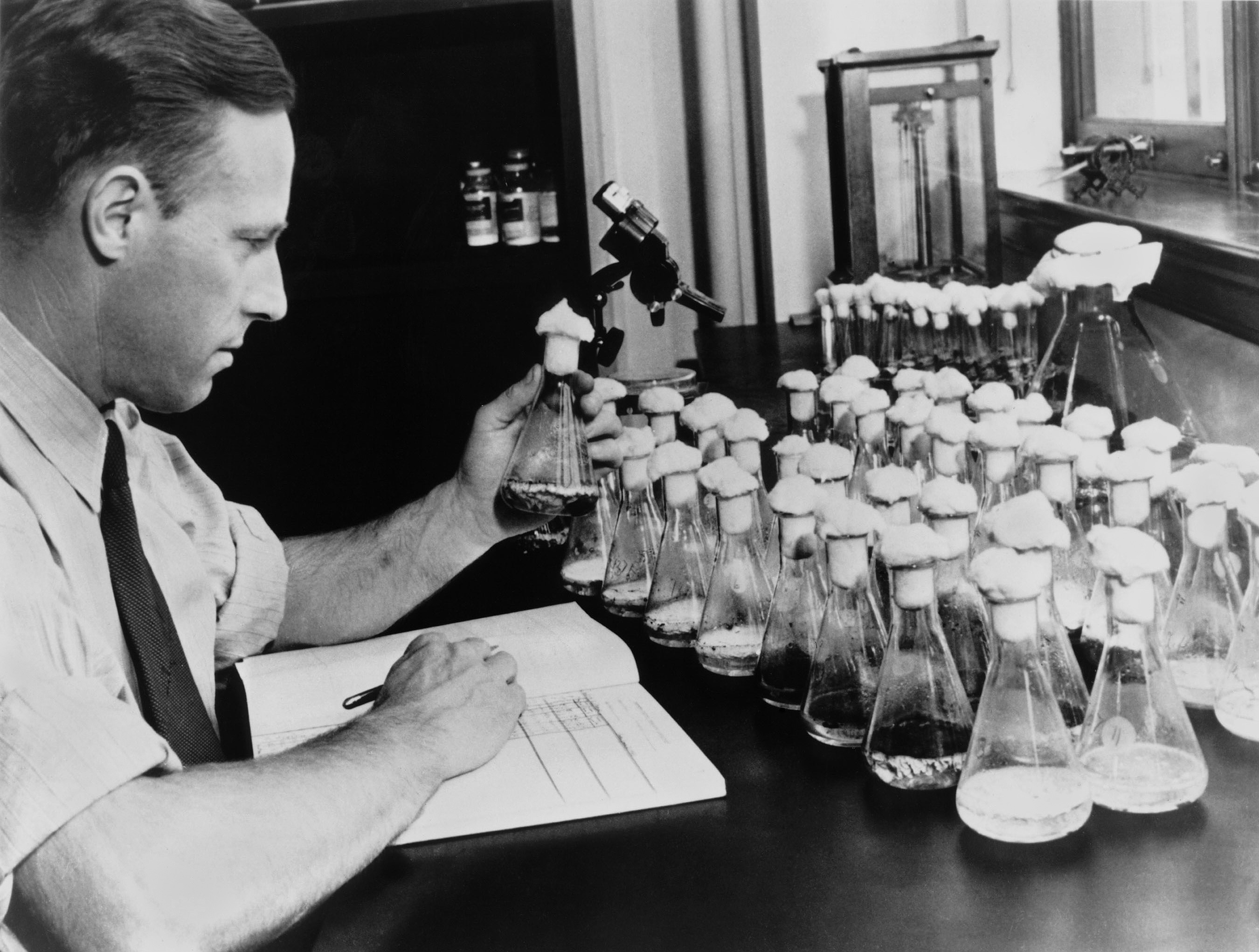 Andrew Moyer working at a bench in his Peoria laboratory.