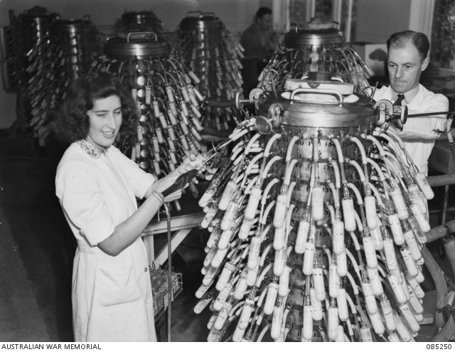 R. Crosby and C. W. Mullins sealing penicillin ampoules at Commonwealth Serum Laboratories.